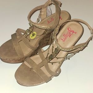 **3 for $15** MIX3 / Jellypop comfort fit wedge sandals bedazzled beige tan 9M